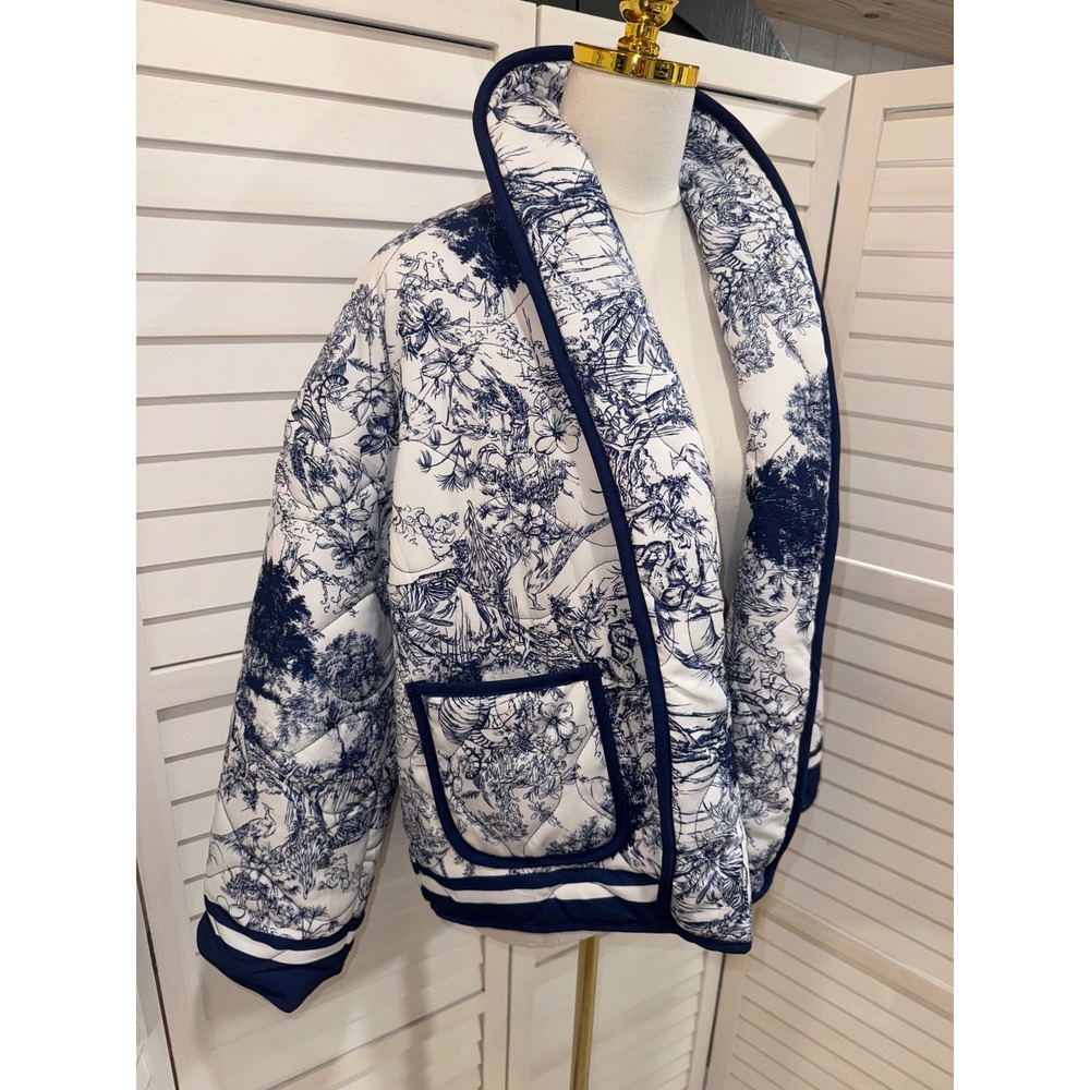 Unbranded Toile de Jouy Quilted Puffer Jacket Womens Blue White Small - Picture 4 of 8